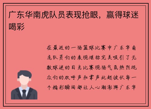 广东华南虎队员表现抢眼，赢得球迷喝彩